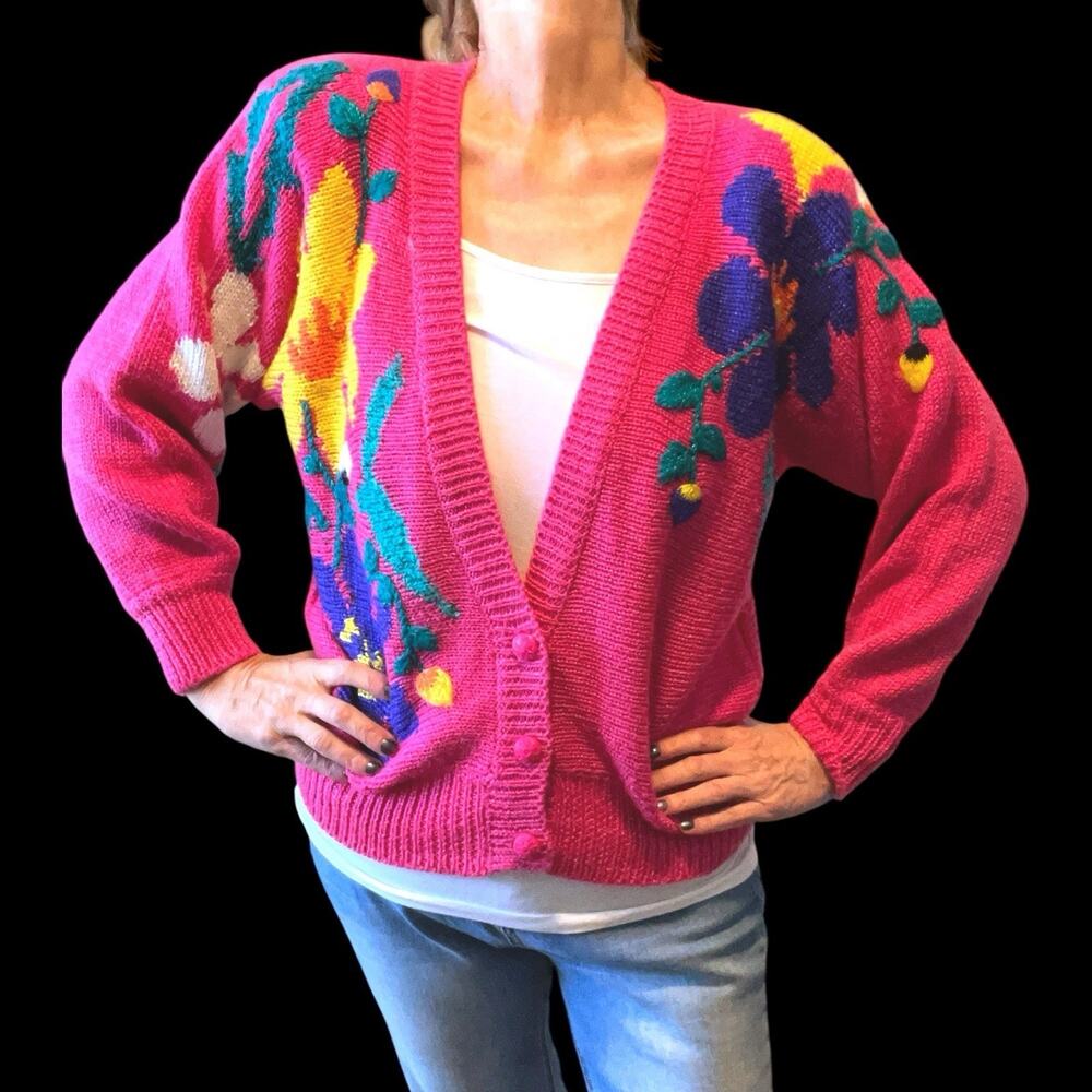 Vintage 80s Jaclyn Smith Hot Pink Floral Statement Cardigan Sweater Knit Small